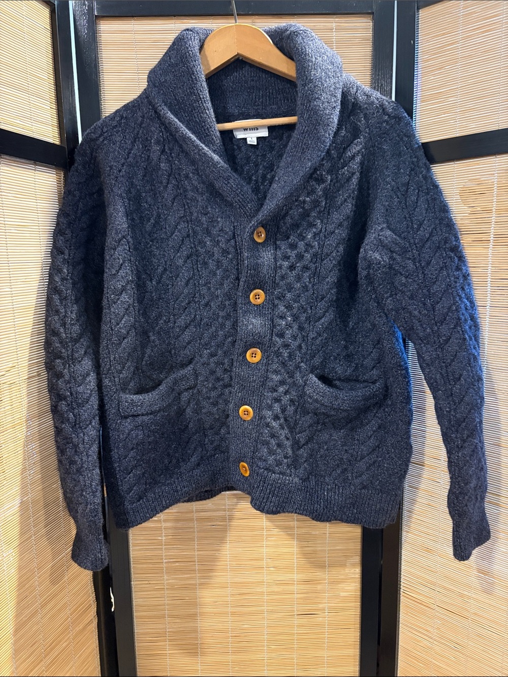 Wool Shawl Collar Cable Knit Cardigan Sweater - Navy